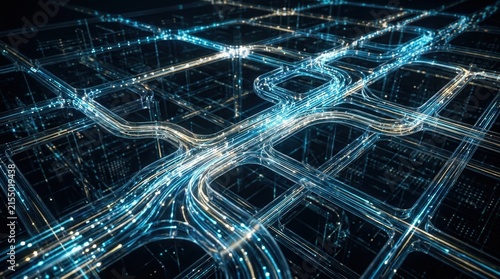 Abstract digital visualization of glowing light particles moving through a complex network grid.