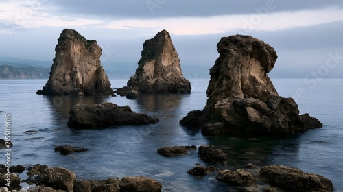 Three rugged rock formations rise from calm sea under overcast sky  creating serene coastal landscape