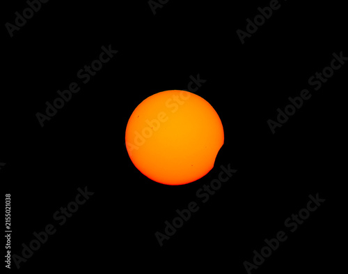 Real image of the partial Solar Eclipse of August 12 2026. Natural Astronomical Phenomenon. Shadow of the Moon and Aura of Solar Corona. 