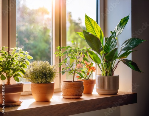 potted houseplants on sunny windowsill indoor gardening and home decoration green foliage and flowering plant growing in natural light cozy living space with healthy plants