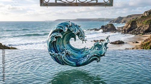 Ceramic ocean wave sculpture suspended outdoors with scenic coast and beach background, dynamic sea foam artwork celebrating marine life, coastal living, and artistic handcraft design
