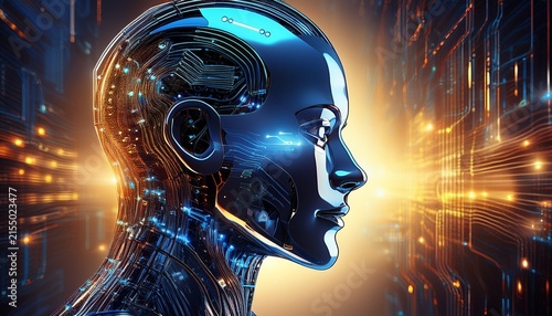 futuristic robot profile with glowing circuits against a digital backdrop symbolizing advanced technology and artificial intelligence
