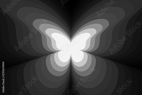 3D Optical Illusion Monochromatic Butterfly Tunnel Backdrop. Abstract Layered Butterfly Vector Pattern Background for dark mode UI backgrounds, luxury branding, graphic design template, vinyl prints. 