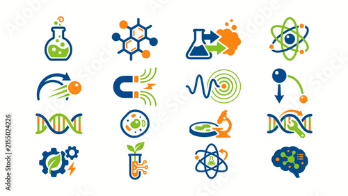 Collection of colorful flat icons representing various scientific fields including biology chemistry physics and modern technology research