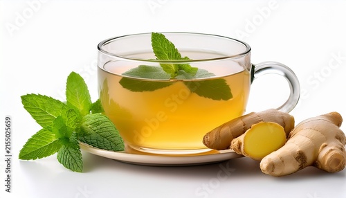 ginger tea with mint in a glass cup on white background