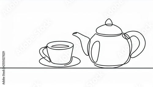 continuous line drawing of teapot and teacup on white background