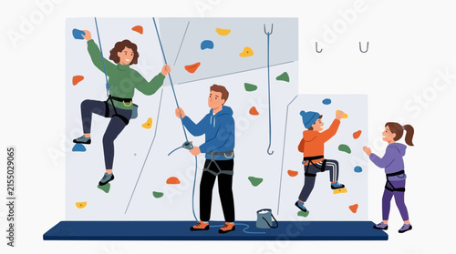 Family enjoying indoor rock climbing activity on a colorful wall with safety harnesses and ropes
