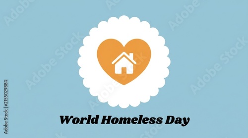 An orange heart shaped pictogram with a house inside is set against a white scalloped edge shape on a light blue background