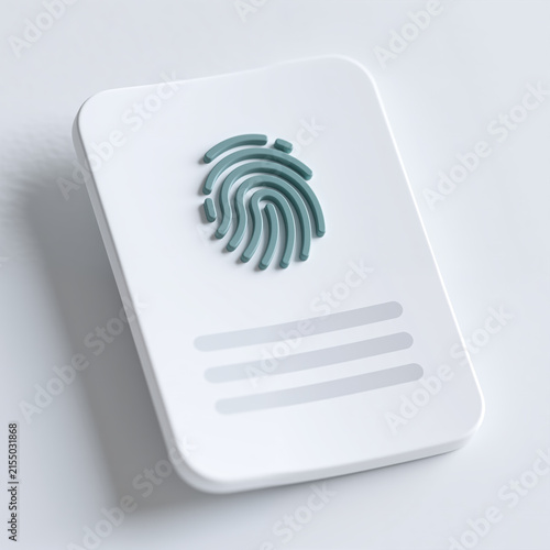 A minimalist white card features a prominent teal fingerprint symbol, representing identity and security, on a clean white background with subtle shadows.