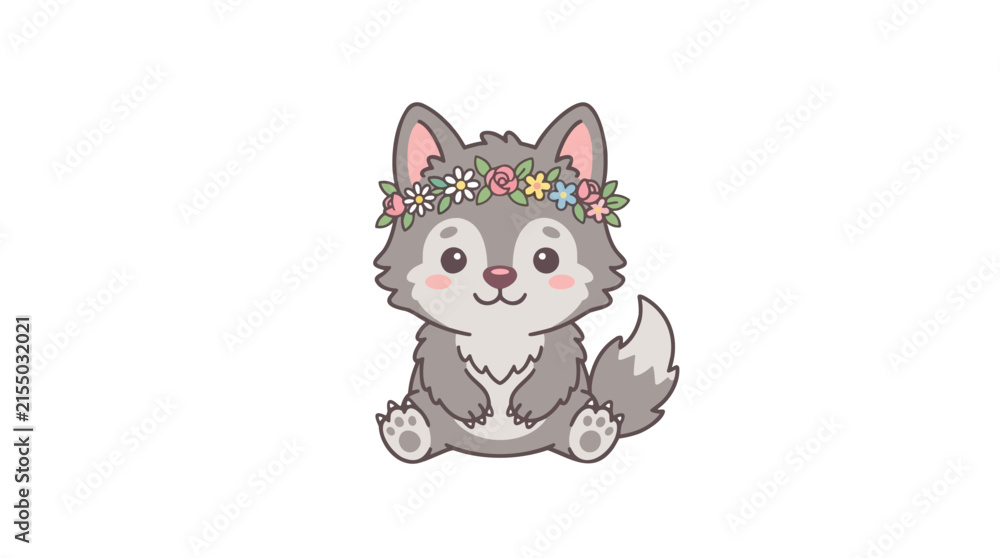 Fototapeta premium Cute cartoon wolf cub wearing a flower crown sitting peacefully on a white background