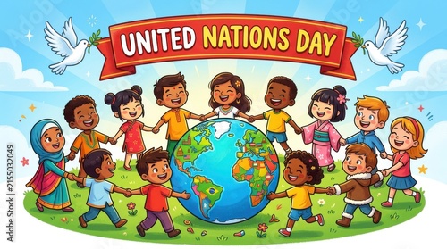 A diverse group of children encircling a terrestrial globe celebrates united nations day in a colorful vector illustration world diversity international multicultural
