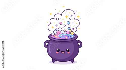Cute Kawaii Witch Cauldron Bubbling with Magical Potion and Sparkles Vector Illustration