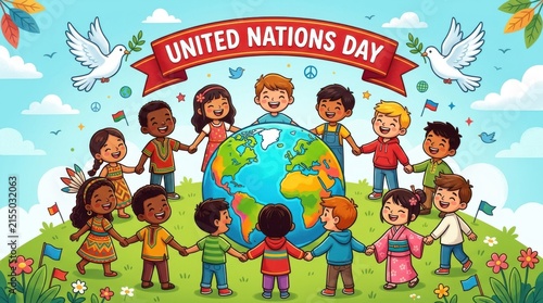 A diverse group of children encircles a globe illustration celebrating united nations day with doves and flags vector diversity international peace unity