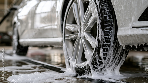 A car wheel covered in white soap foam during a professional wash. Essential maintenance for vehicle care and.