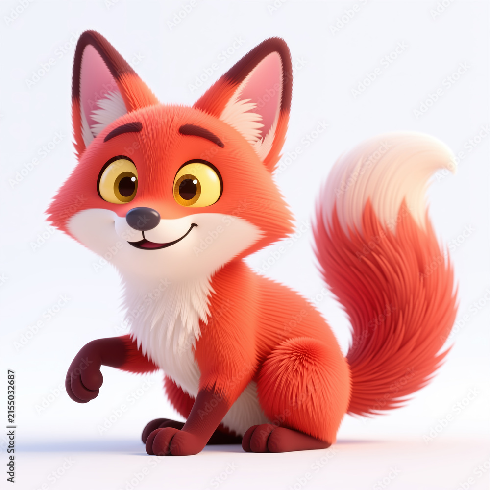 Naklejka premium Detailed digital illustration of an orange fox with a white muzzle, dark brown eyebrows and bushy tail against a solid white background in a playful animation style.