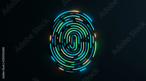 A glowing neon fingerprint composed of colorful digital light lines. Symbolizes cyber security and modern biometric.