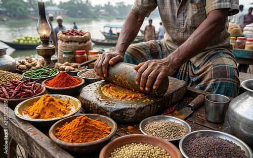 Street vendor grinding spices on a stone slab at a riverside market