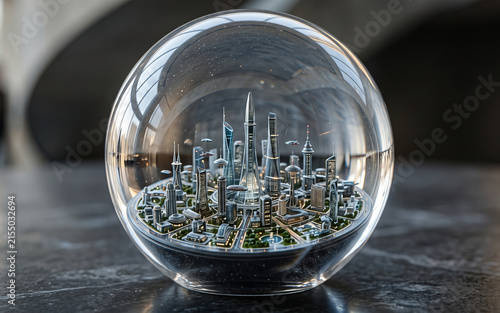 Futuristic cityscape miniature inside a glass sphere on a dark surface