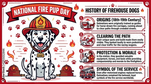 Dalmatian dog wearing firefighter helmet with paw print border vector illustration firehouse puppy rescue canine spots pawprints flames fire service history graphic design