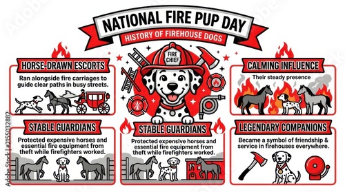 A colorful vector illustration depicts the history of firehouse dogs and their roles dalmatian firefighter fire engine truck horse-drawn carriage helmet dog breed