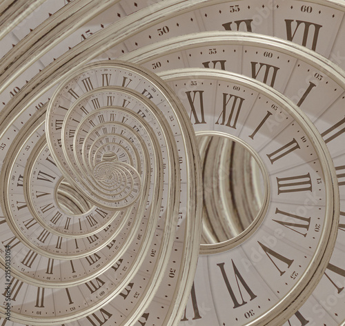 Surreal Infinite Spiral of Vintage Clock Faces Creating a Timeless Abstract Pattern