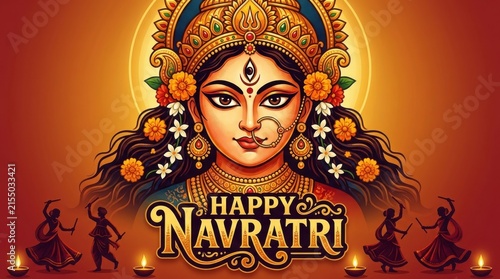 Illustration of a goddess with ornate headdress and floral embellishments features a warm orange background divinity deity hinduism navratri durga shakti embellishment decoration