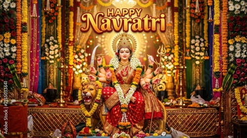 A sculpted depiction of goddess durga seated on a lion is showcased during navratri celebrations hinduism deity sculpture statue mythology religion festival celebration