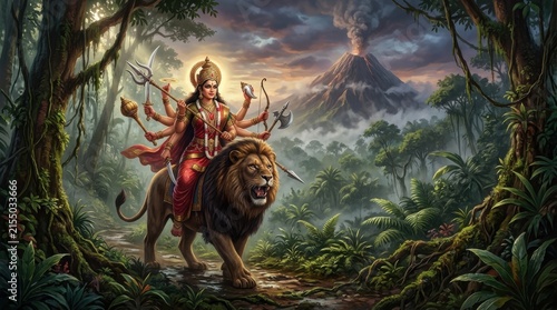 Goddess durga riding a lion amidst a lush jungle landscape with a volcanic mountain volcano hinduism mythology divinity deity sacred forest tropical vegetation