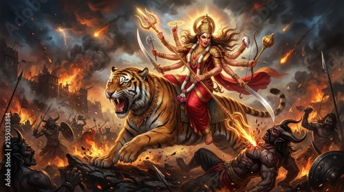 Goddess durga riding a tiger amidst a fiery battle scene depicts hindu mythology hinduism warfare deity divine warrior strength power courage valor ferocity