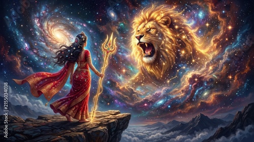 A woman holding a trident stands before a roaring lion amidst a cosmic galactic backdrop female figure mane roar spear goddess deity mythology