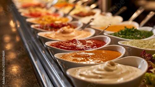 Assorted gourmet sauces and dips in white bowls at a restaurant buffet. Culinary variety for catering and menu design.