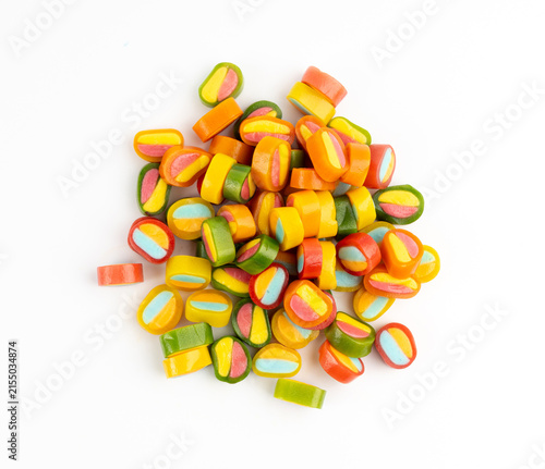 Round gummy candy piles set isolated. Small chewing colorful jellybeans, marmalade cuts, pills