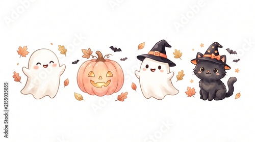 2408 144.A Halloween clipart set featuring a happy ghost, a smiling pumpkin, a curious black cat, and a witch hat. The vector illustrations have a playful and cute design, ideal for creating