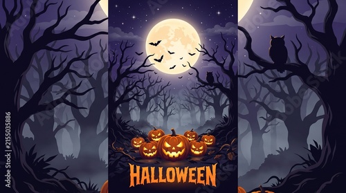 Happy halloween banner or party invitation background with violet fog clouds and pumpkins