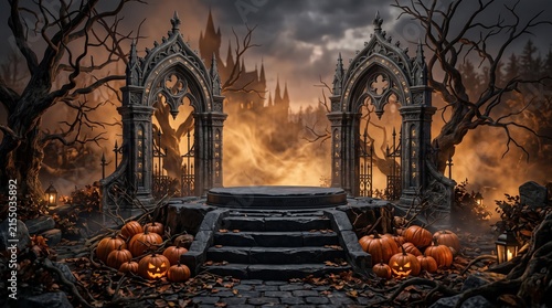 Halloween podium background pumpkin product platform scene display. Background orange autumn podium 3D render scary party spooky fall, happy halloween mockup abstract studio pedestal. Generative AI