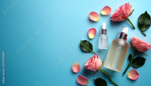 the ultimate concept for skin care a top down view of a spray pump bottle and a serum bottle with rose petals on a light blue backdrop with space available for writing