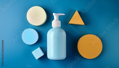 pump bottle for skincare or antiseptic products displayed among geometric shapes on a blue background