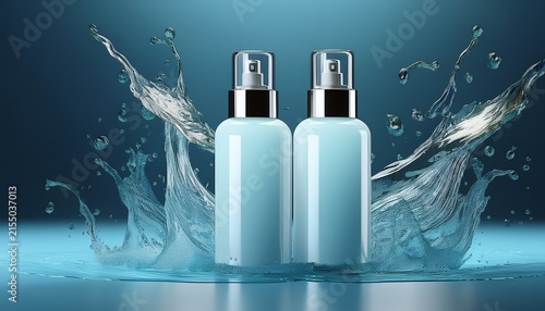 skin care toner and lotion bottles with water splash 3d mockup banner