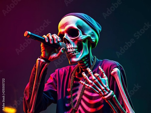Vibrant undead rapper grasping microphone with skeletal hands, caps, ||Undead