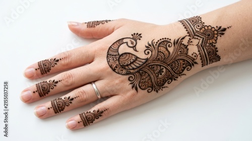 Detailed henna design adorns the back of a hand against a white background mehndi ornament floral peacock paisley intricate pattern temporary tattoo bodyart