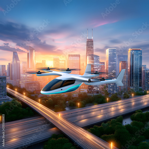 Futuristic flying vehicle soaring over modern city skyline sunset, showcasing innovation