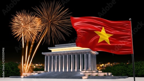 Vietnam flag waving over Ho Chi Minh Mausoleum with night fireworks celebration display