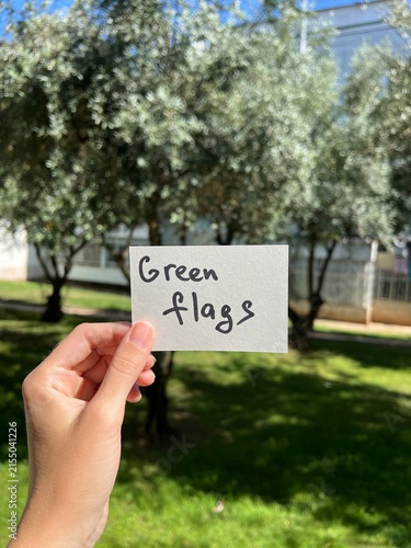 Green flags - vertical card with text about a healthy relationship and attachment