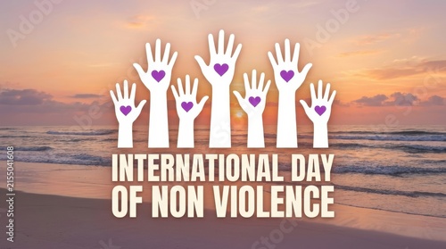 White hand silhouettes with purple hearts overlay a scenic beach sunset for international day of non violence coastline daylight equality freedom gesture
