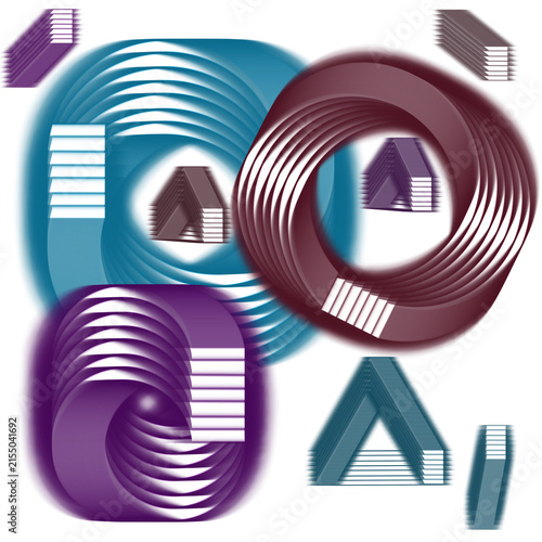 Obraz na plátně Abstract geometric shapes featuring twisted circular rings and triangular forms compose a colorful digital graphic