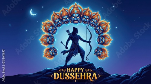 A depiction of rama aiming his bow surrounded by ten headed effigy showcases a vibrant vector illustration ramayana dussehra vijayadashami hinduism mythology