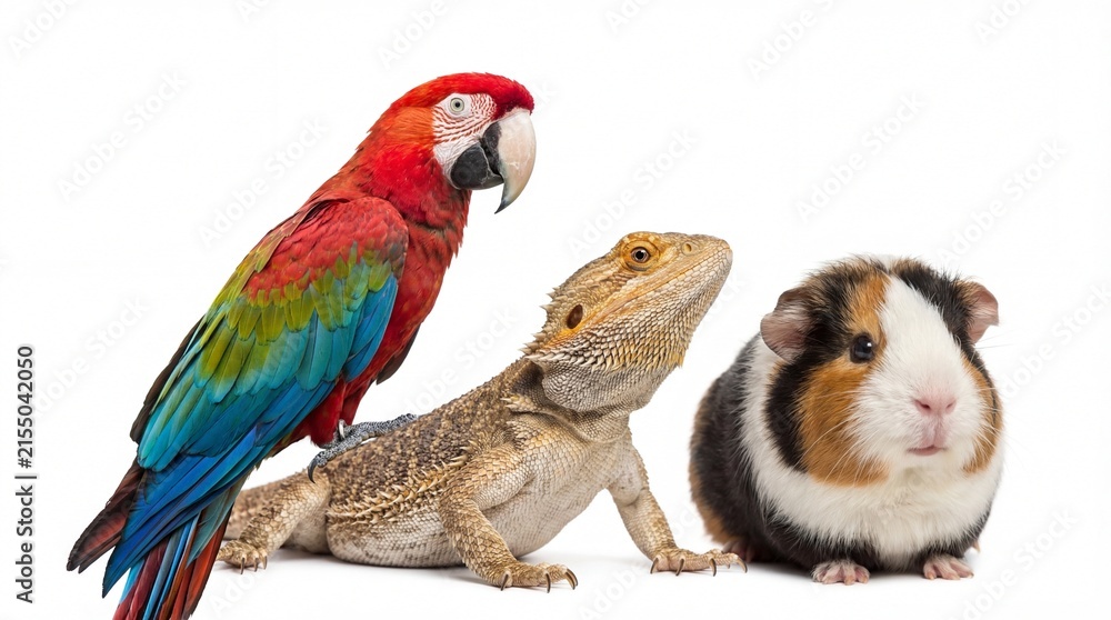 Fototapeta premium diverse group of pets including colorful macaw parrot, bearded dragon lizard and cute guinea pig isolated on white background. exotic animal veterinary care. banner, website header, copyspace.
