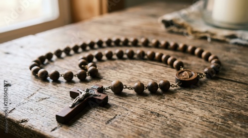 A wooden rosary with a crucifix rests on a weathered wooden surface displaying religious symbolism and craftsmanship beads catholicism christianity prayer artifact