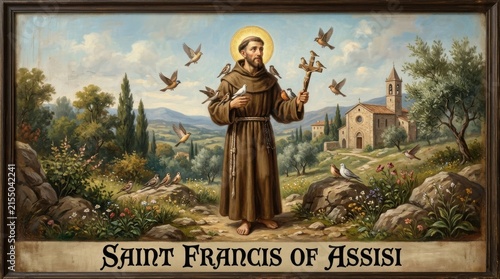 A painted depiction of saint francis of assisi surrounded by birds in a scenic landscape with a church saintfrancisofassisi franciscan religiousfigure painting