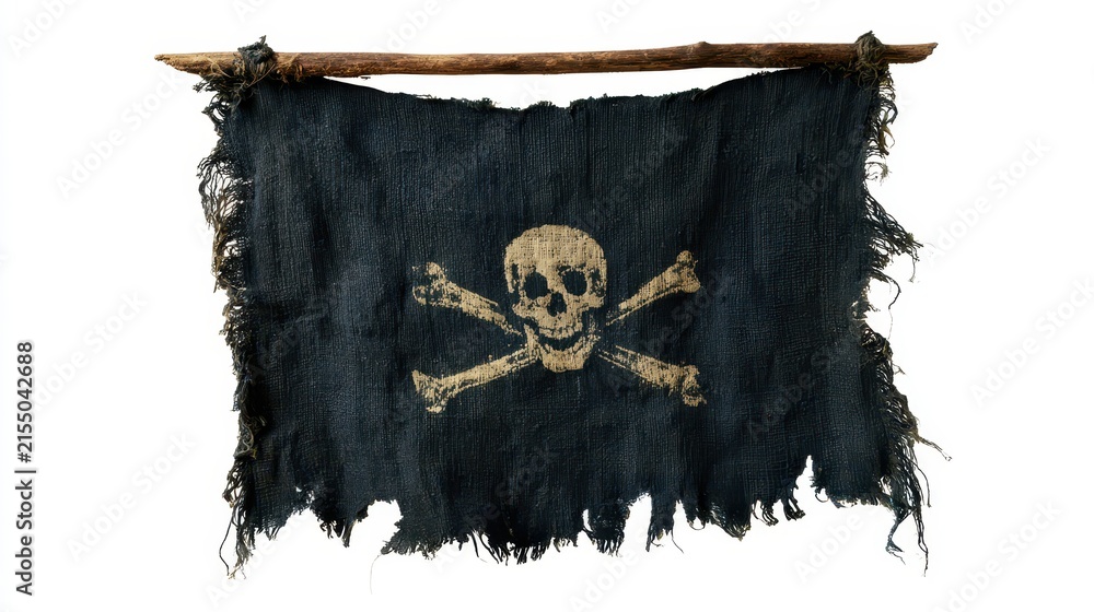 Naklejka premium Tattered pirate flag with skull and crossbones